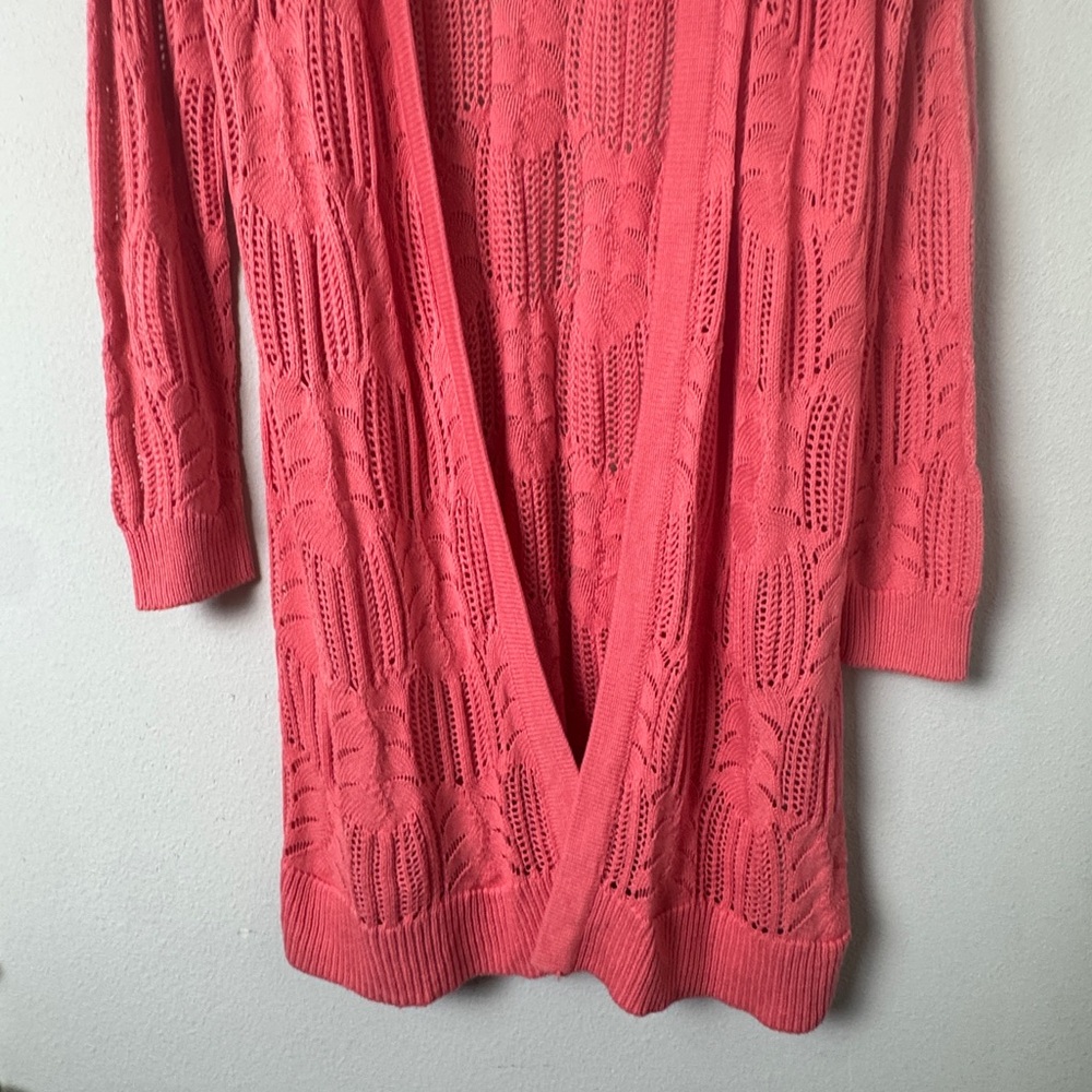 New Soft Surroundings Coral Crochet Long Open Cardigan Duster Size M Boho Mesh - Picture 3 of 8